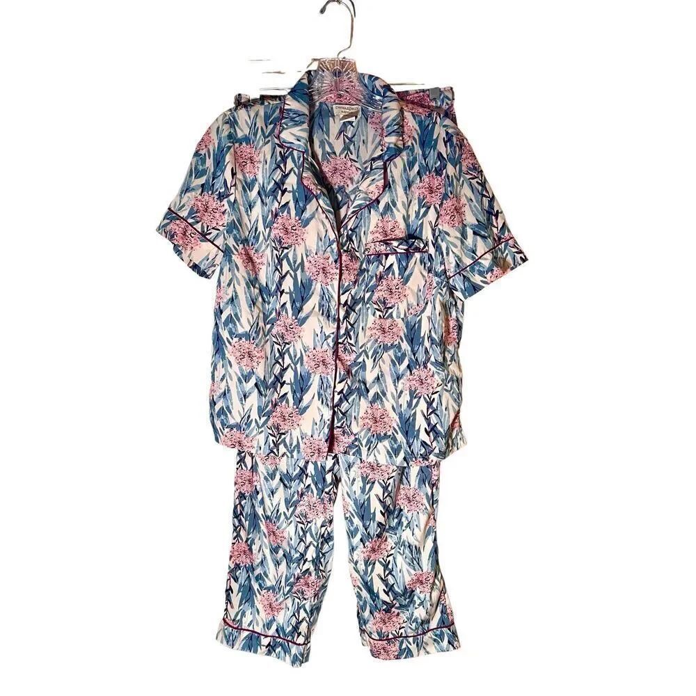 Cynthia Rowley Tropical Floral Pajamas S 2 Pc Capris Button Up Top Short Sleeves